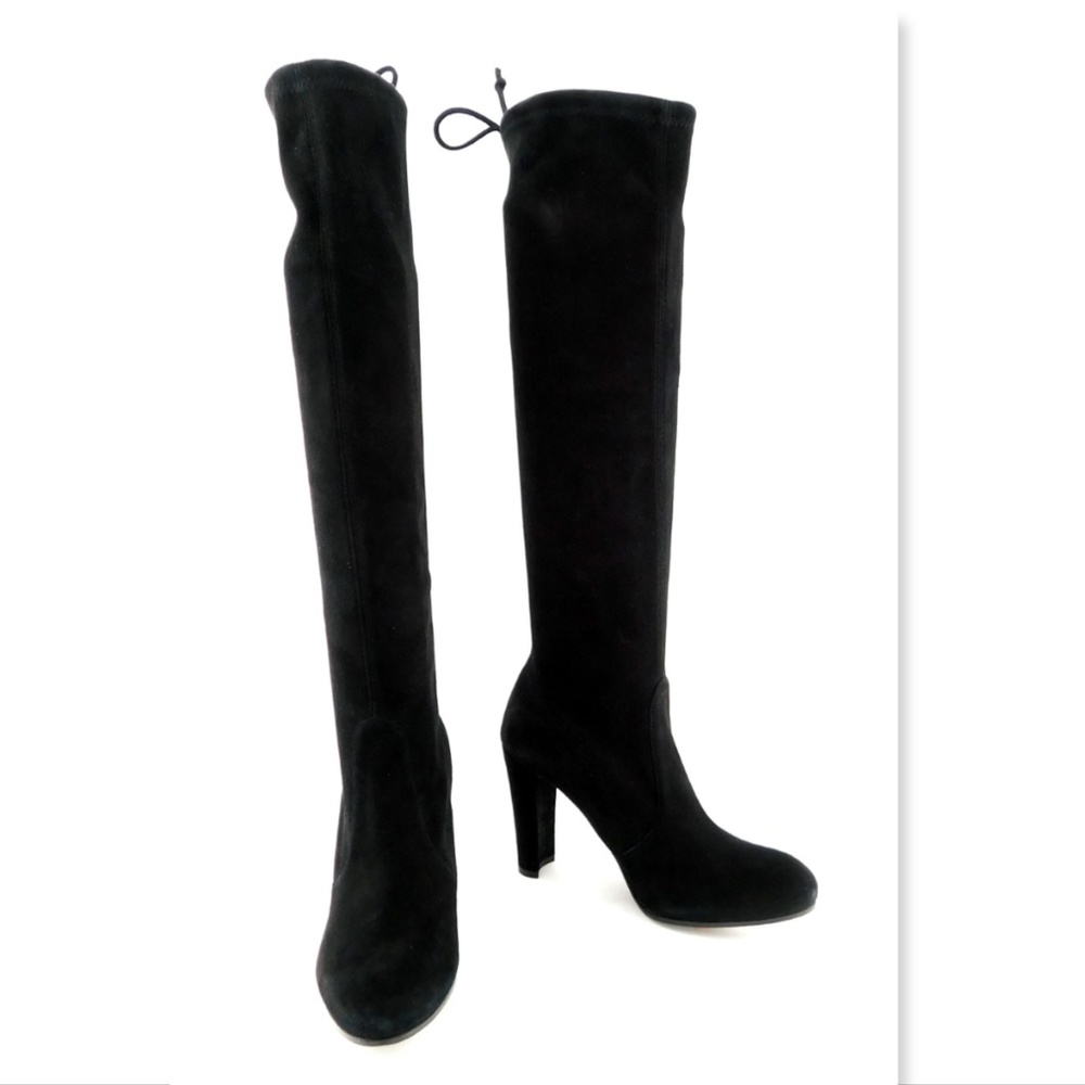 New STUART WEITZMAN Black Stretchy Suede Leather Knee High Heeled Boots 5.5